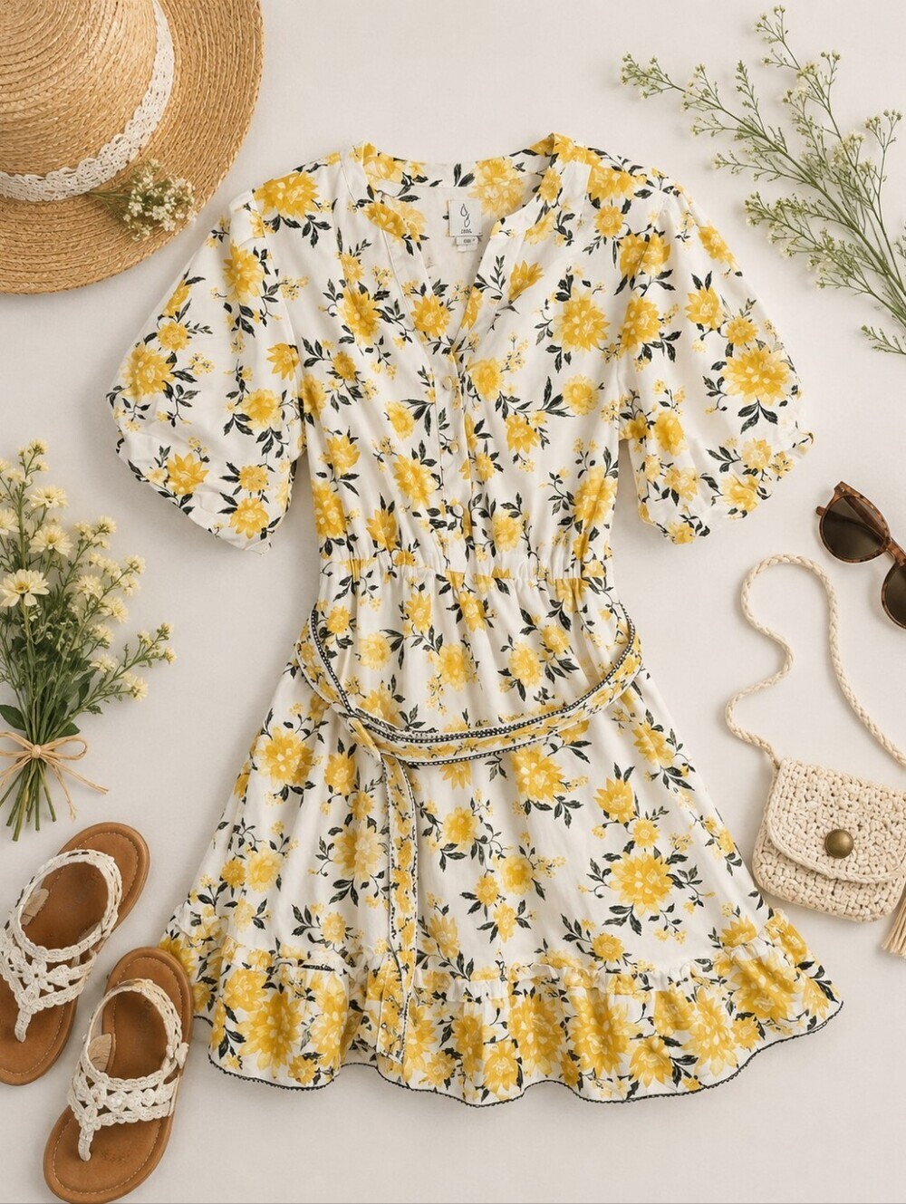 Joie Feminine Ivory W/ Yellow Floral Short Puff Sleeves Cottage Dress. Ladies 6